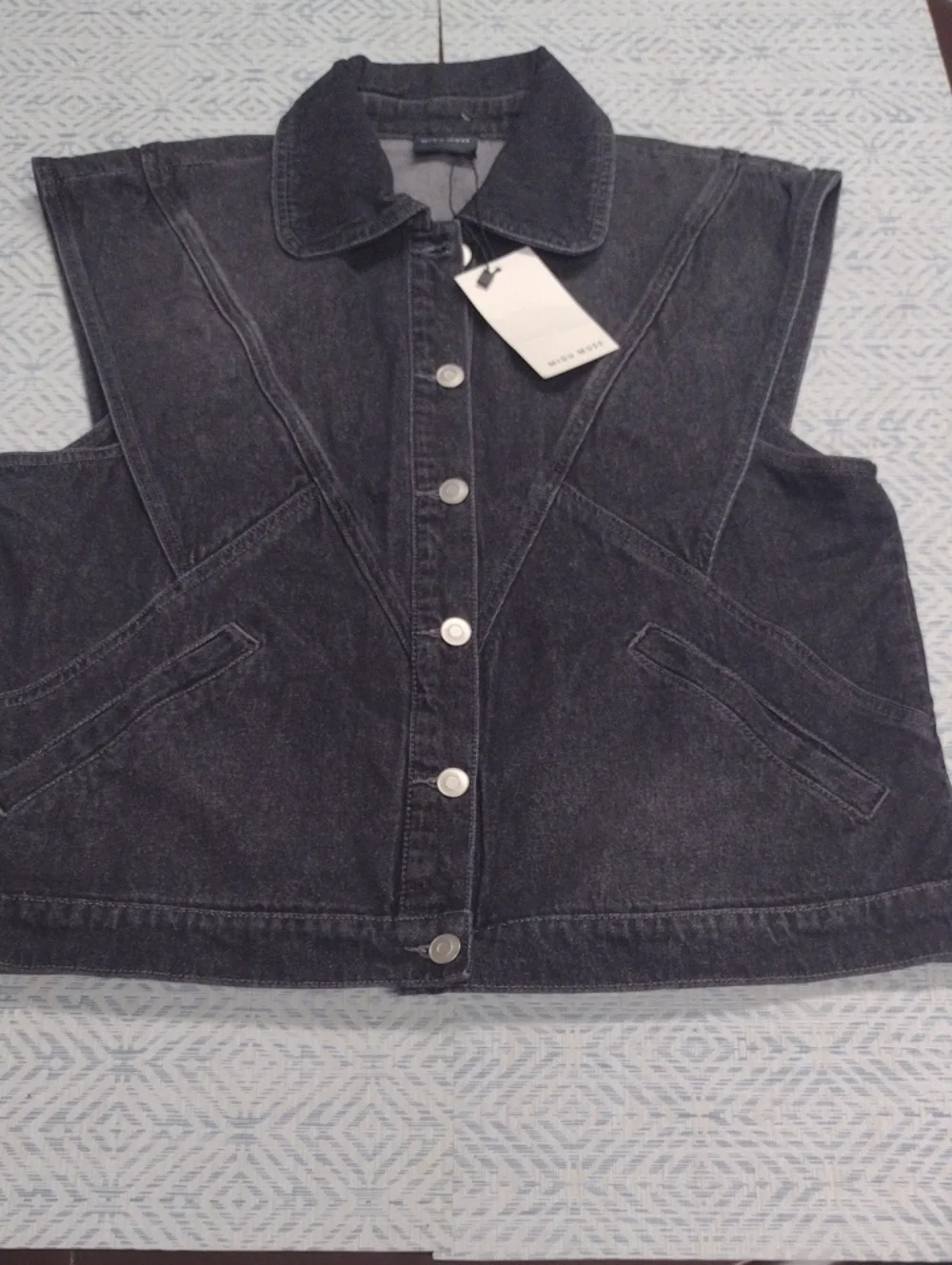 NEW Washed Black Denim Button-Front Sleeveless Vest